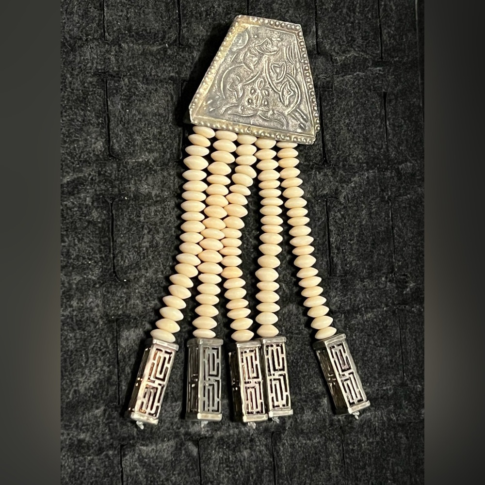 Vintage Beige Ivory Beaded Tassel Necklace with Silver Accents